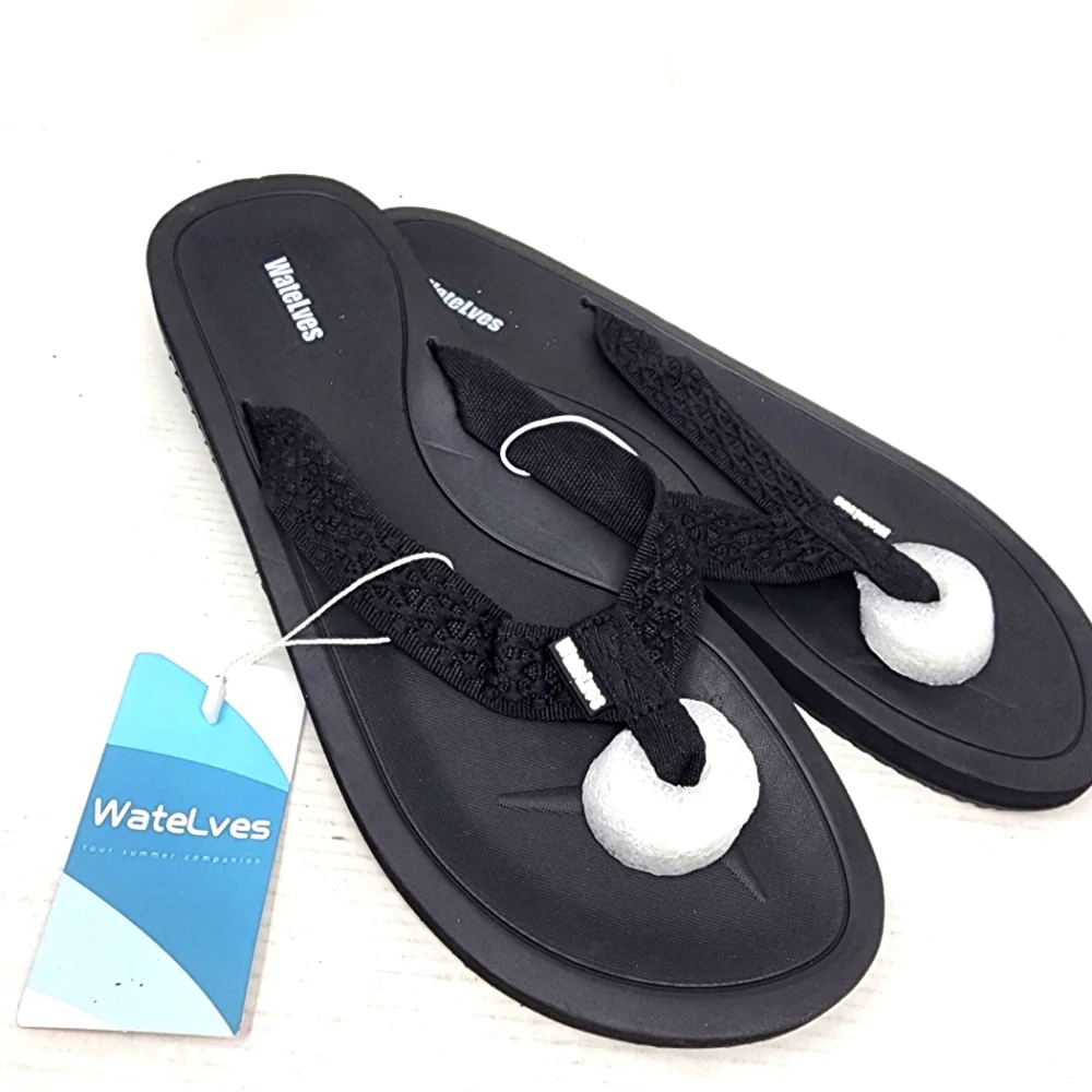 New WateLves Mens Bkack Flip Flops Sandals Memory Foam Non Slip Size 9